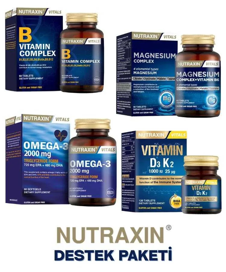 Nutraxin Magnezyum Complex + D3 K2 Tablet + Omega-3 2000mg + B Complex Premium Set 4’lü