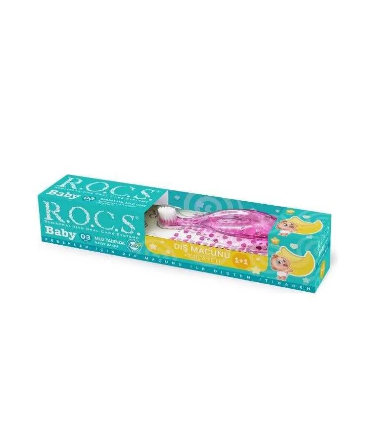 Rocs Muz Tadında Bebek Diş Macunu + Pembe Fırça Seti